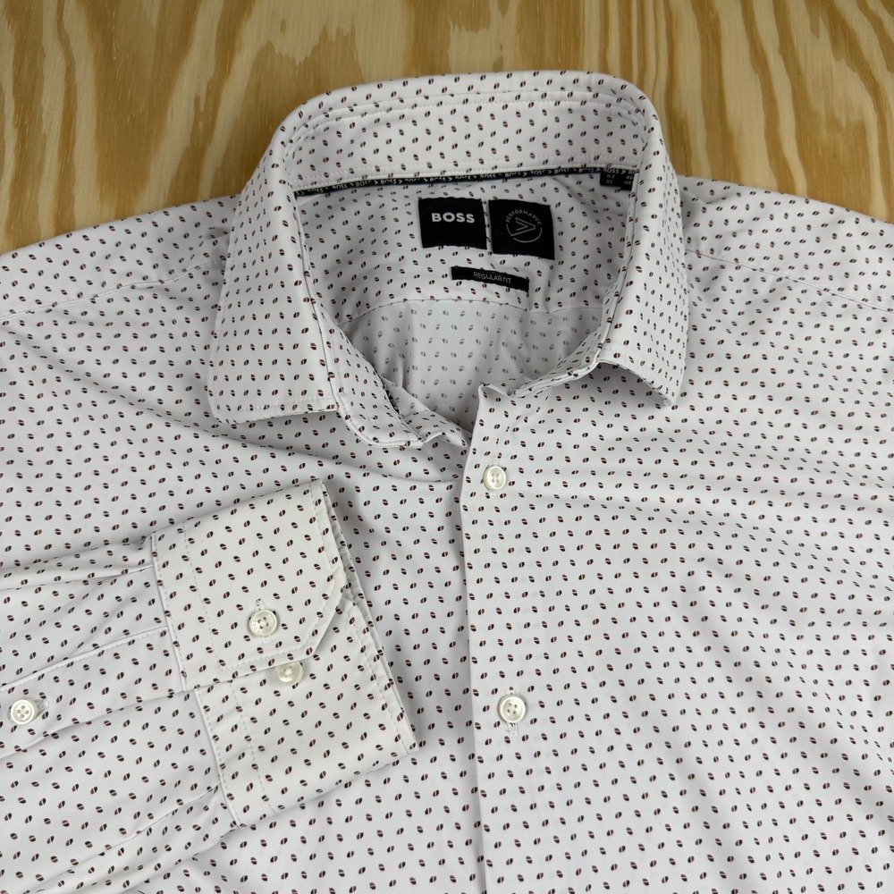 Hugo Boss Performance Regular Fit Shirt Mens XL White Burgundy Micro Print LS